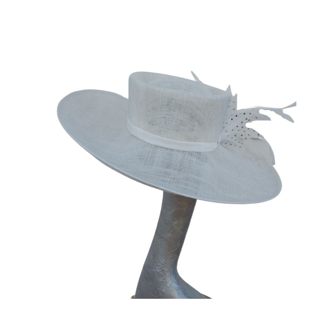 Joanie - Ivory side sweep feature hat with Ivory & Black polka dot  feather trim