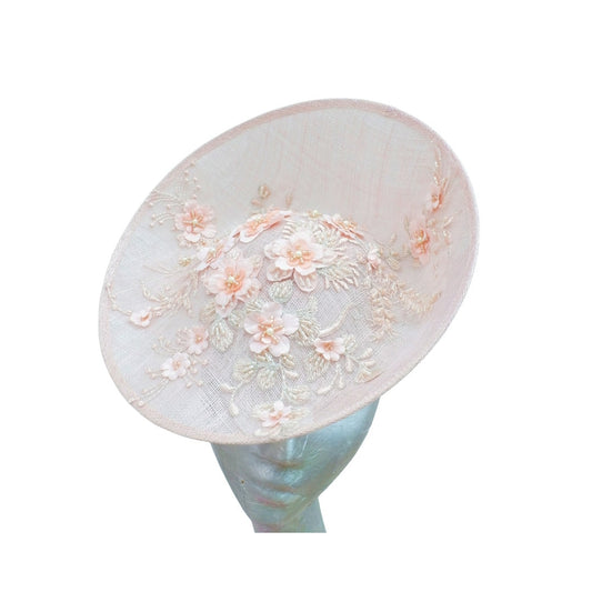 Portifino - Nude front facing fascinator with nude 3D applique trim