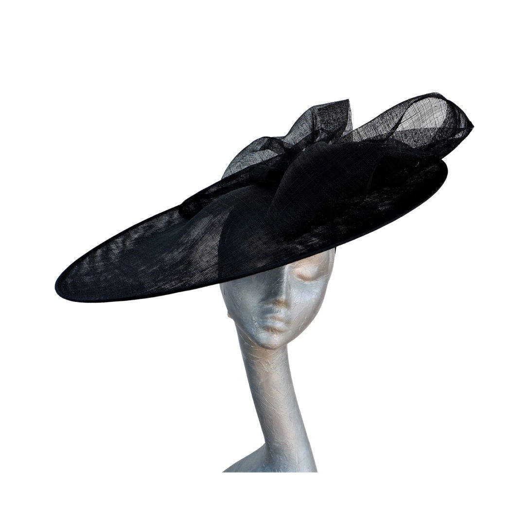 Sazz - Large round Black feature saucer hatinator with Large Black Sinamay bow