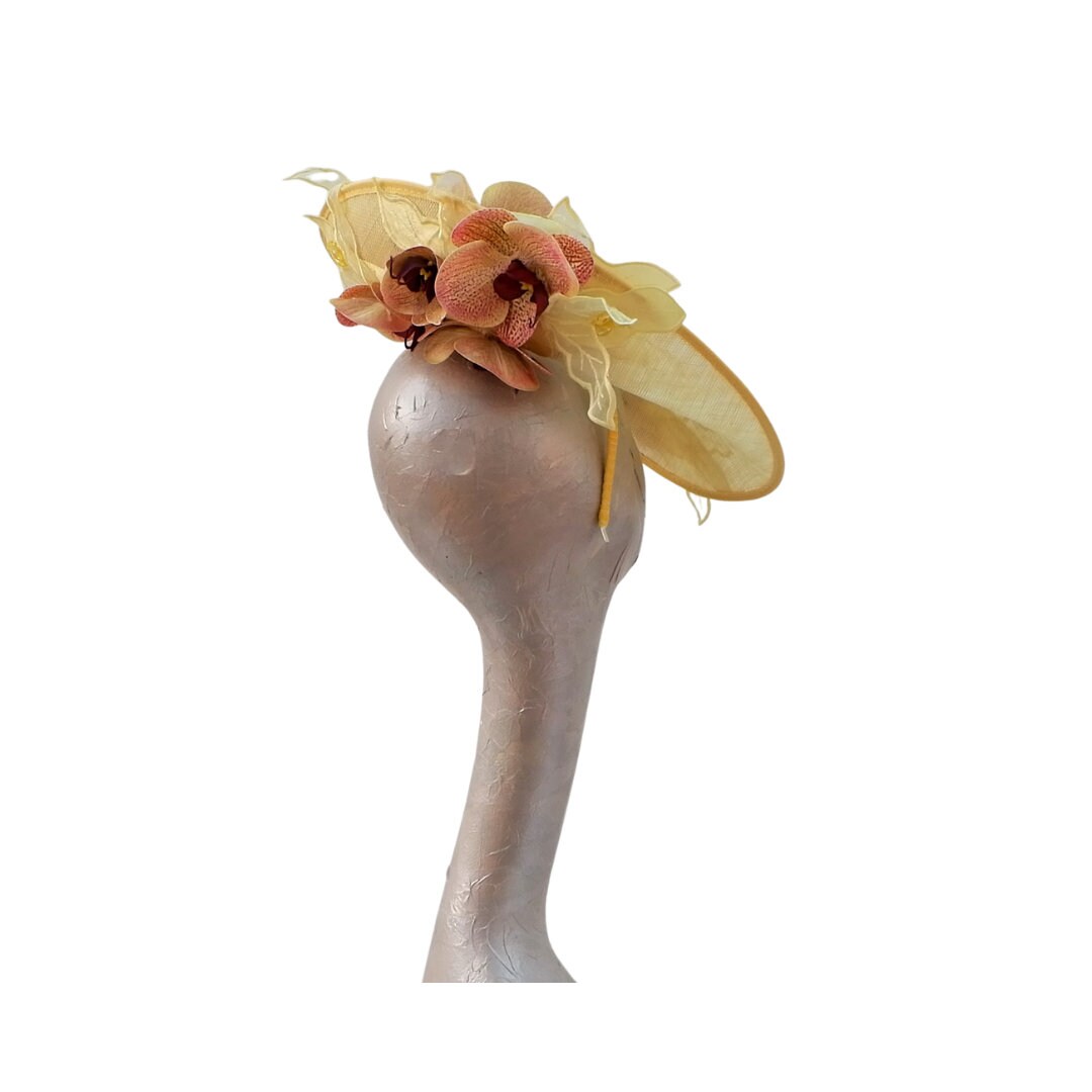 Orkney - Lemon Sinamay fascinator with Lemon & Pink Real touch Orchids