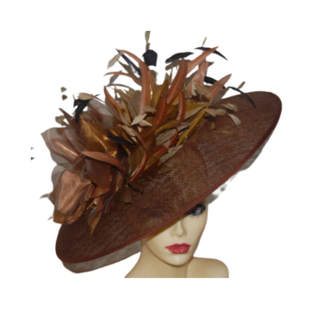 Melanie - Medium Oval Chestnut feature saucer hatinator with feathers & organza flower