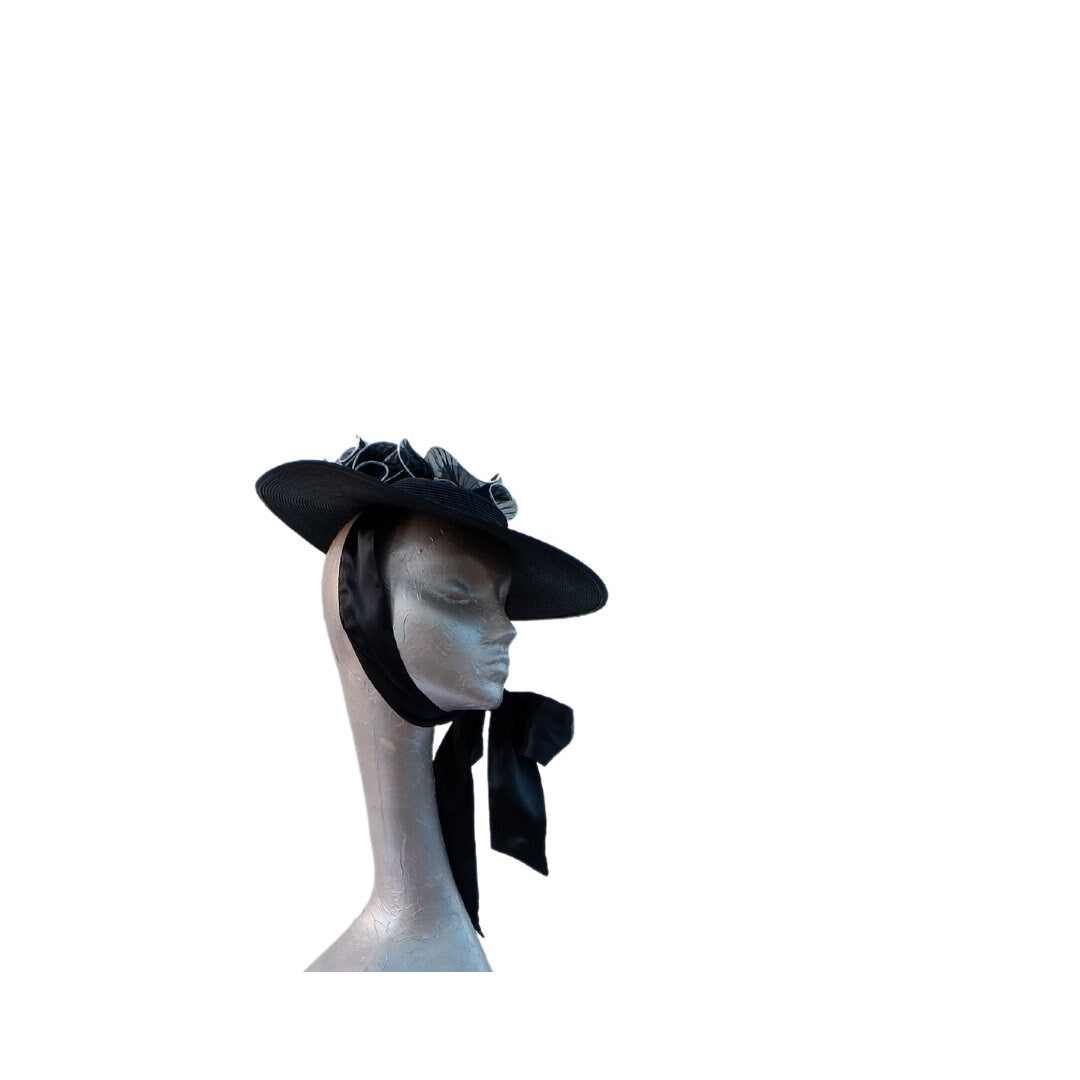 Black & Ivory Polybraid Summer hat with necktie by Hats2go