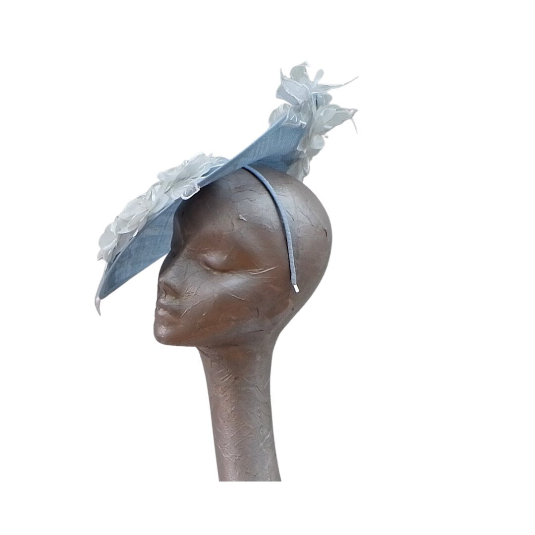 Skye- Sky Blue & white lace Applique fascinator
