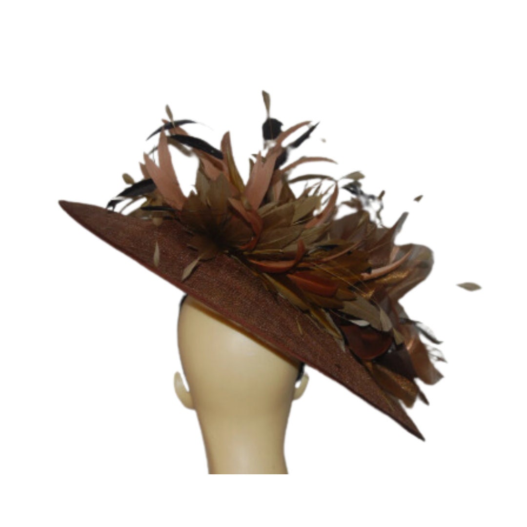 Melanie - Medium Oval Chestnut feature saucer hatinator with feathers & organza flower