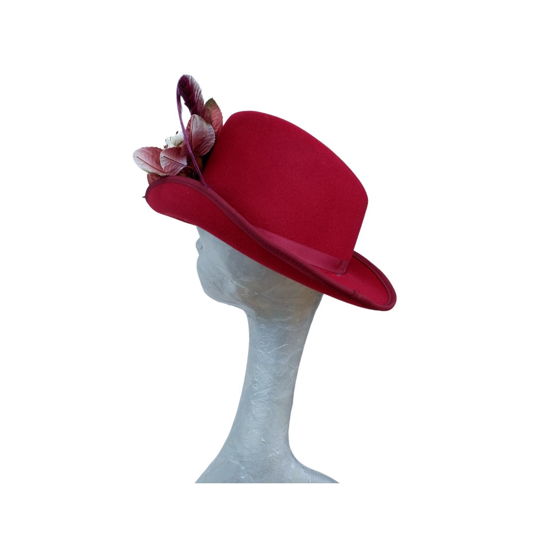 Hallie - WIne & Ivory/ blush slanted soft Top Hat with Floral detail