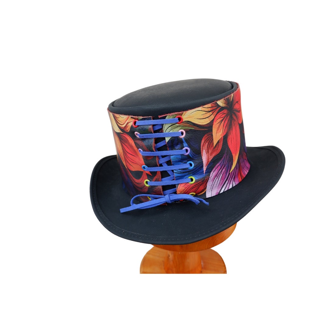 Carl - Black Leather hat with Multi coloured Trim.