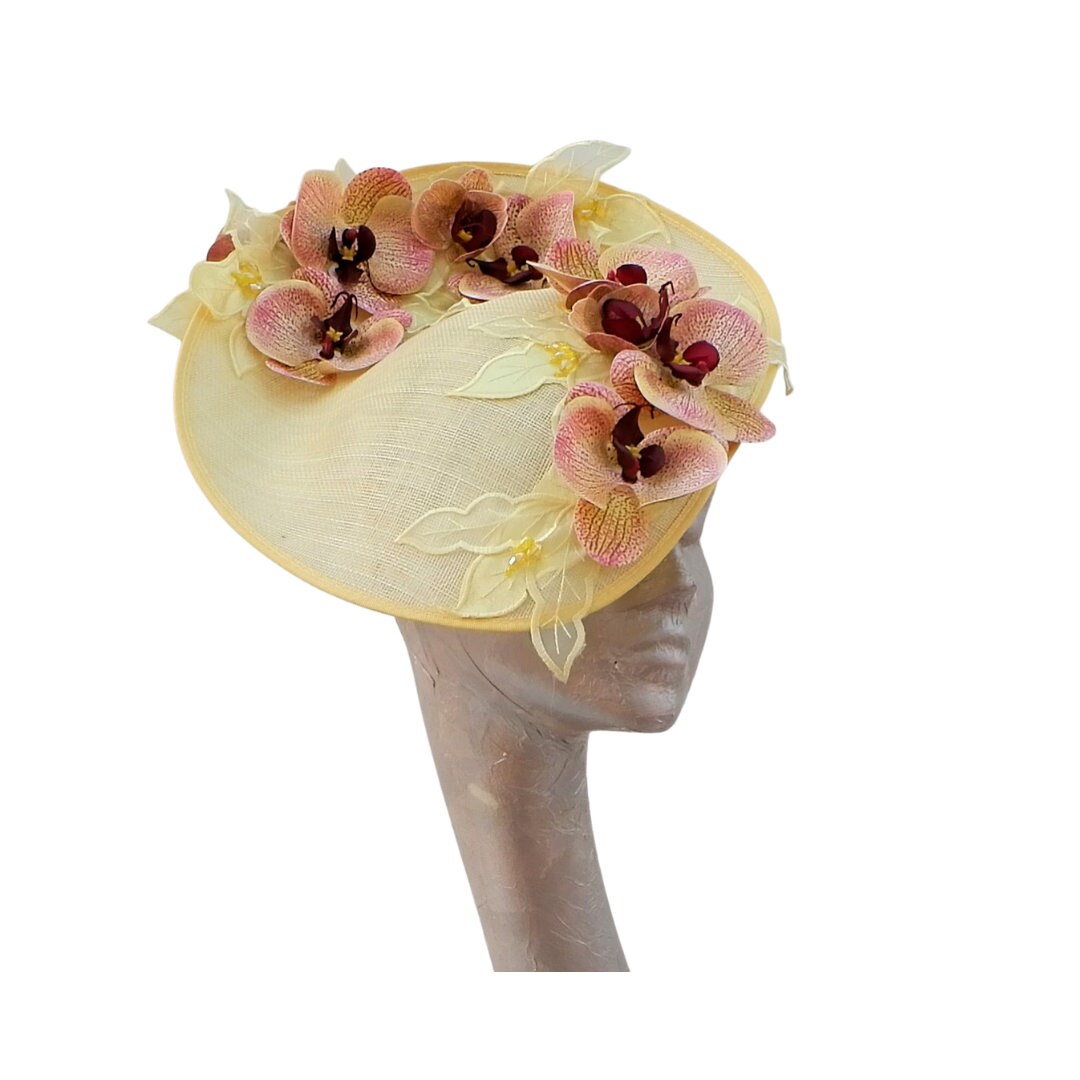 Orkney - Lemon Sinamay fascinator with Lemon & Pink Real touch Orchids
