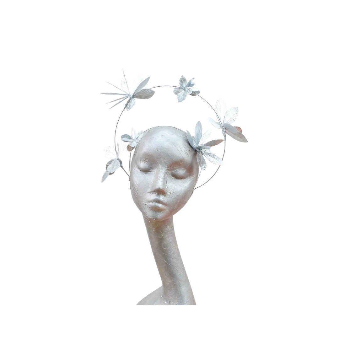 Argentum- Silver metallic Faux Leather & wire Halo Fascinator