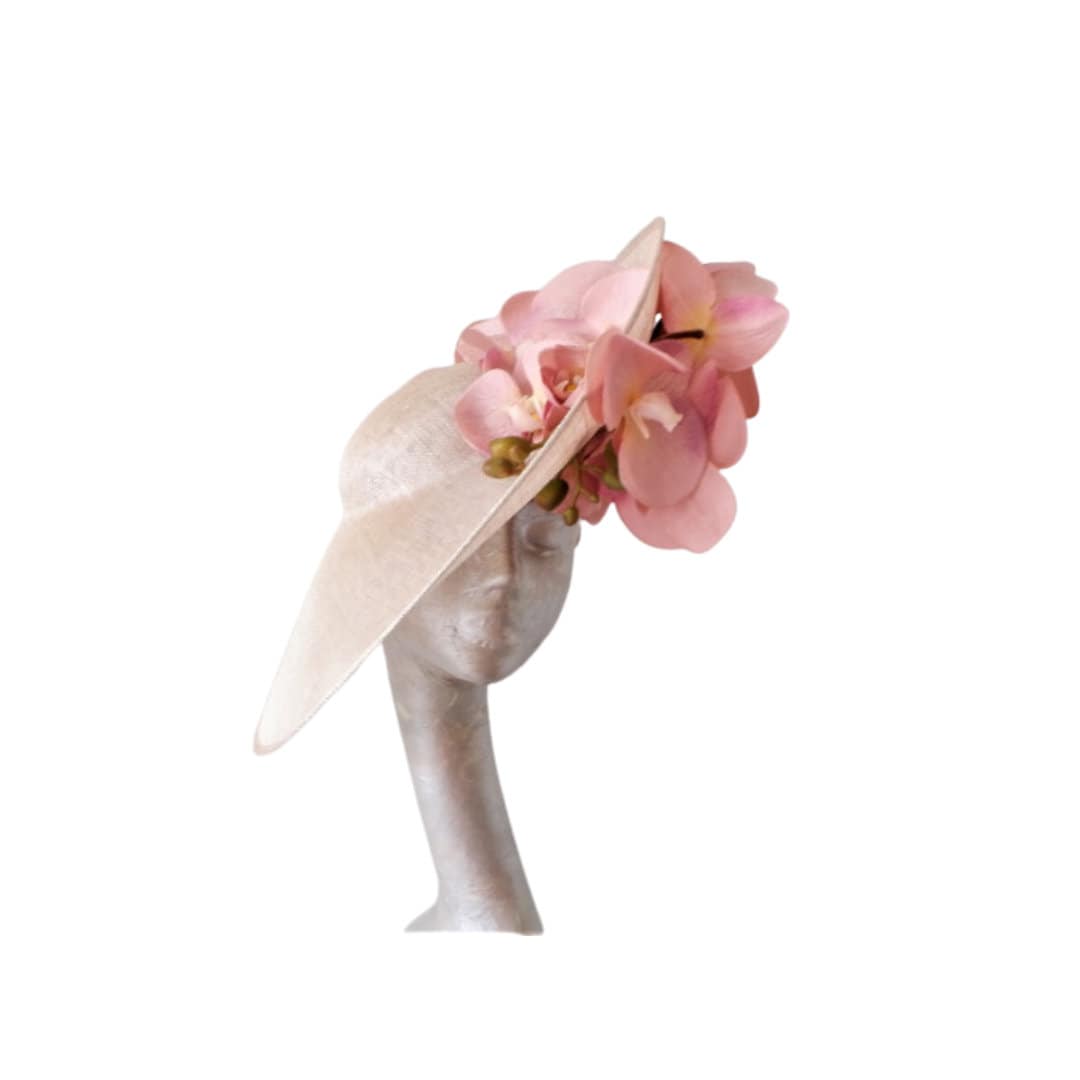 Nancy - Nude Sinamay fascinator with Dusky Pink Real touch Orchids