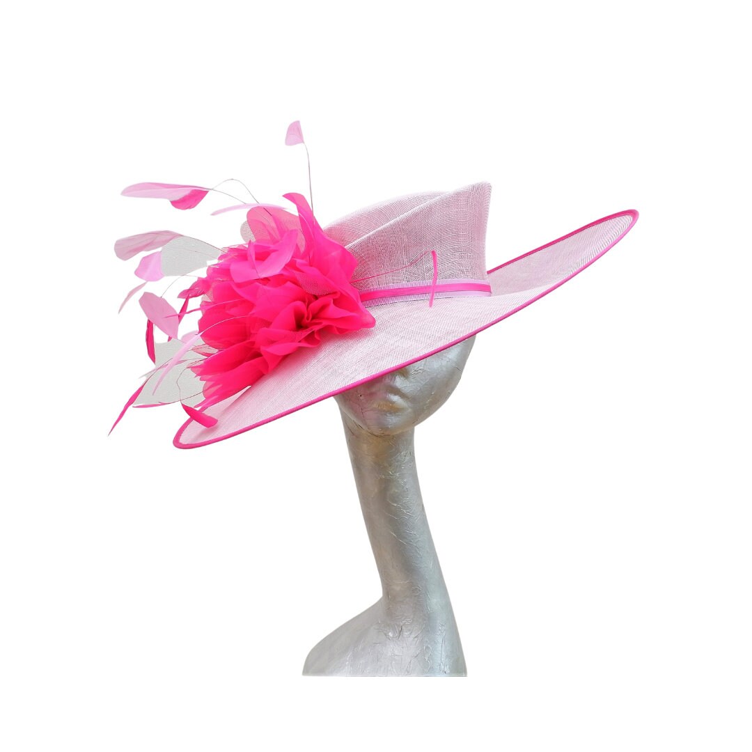 Helena -large Orchid Pink Hat with Fuchsia pink organza flower & Pink feathers
