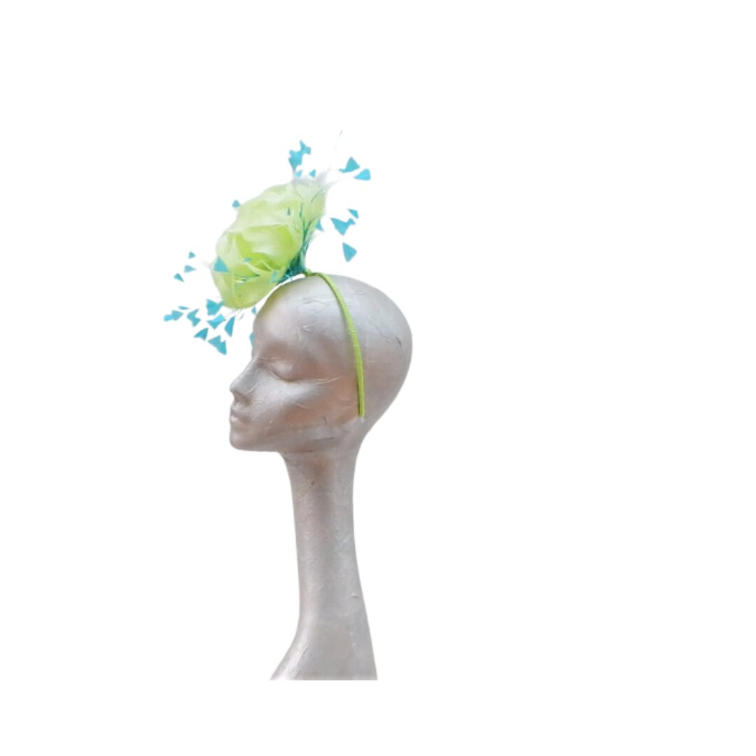 Immy - Beautiful feather fascinator in Lime Green & Turquoise