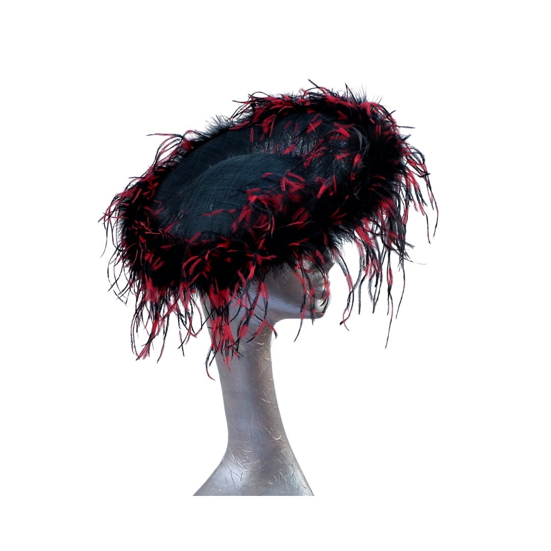 Giselle II -Black Saucer Hatinator with Black & Red ostrich Feathers