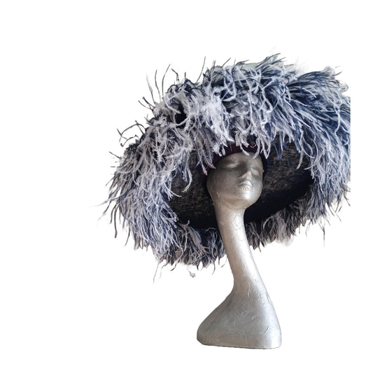Emma - Extra large Hat with Ostrich feather boa in Navy & White