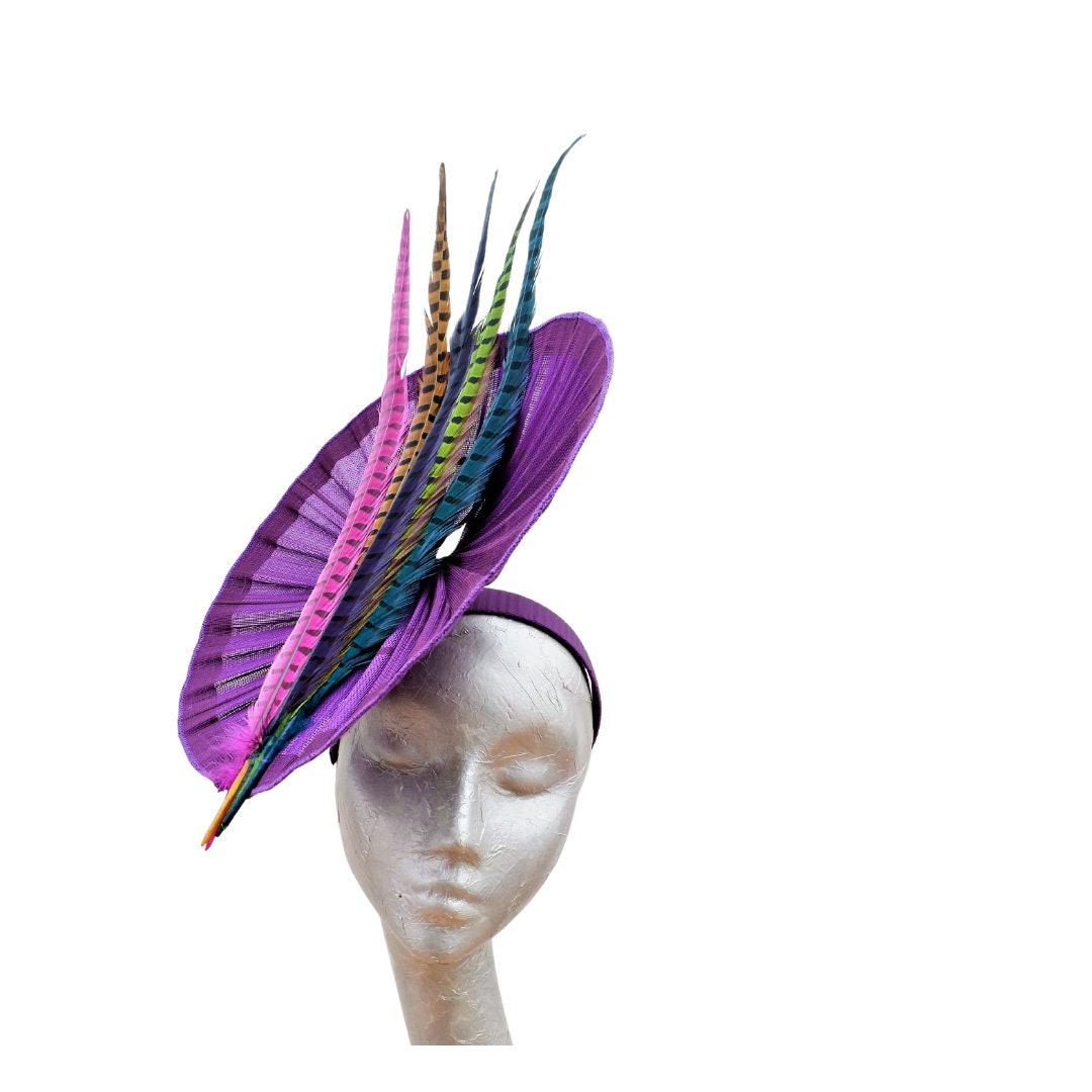 Romero - Purple Buntal pleated disc Fascinator with Multi colour feathers