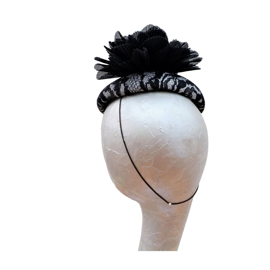 Faith  Black & White Lace Pillbox/Button Fascinator