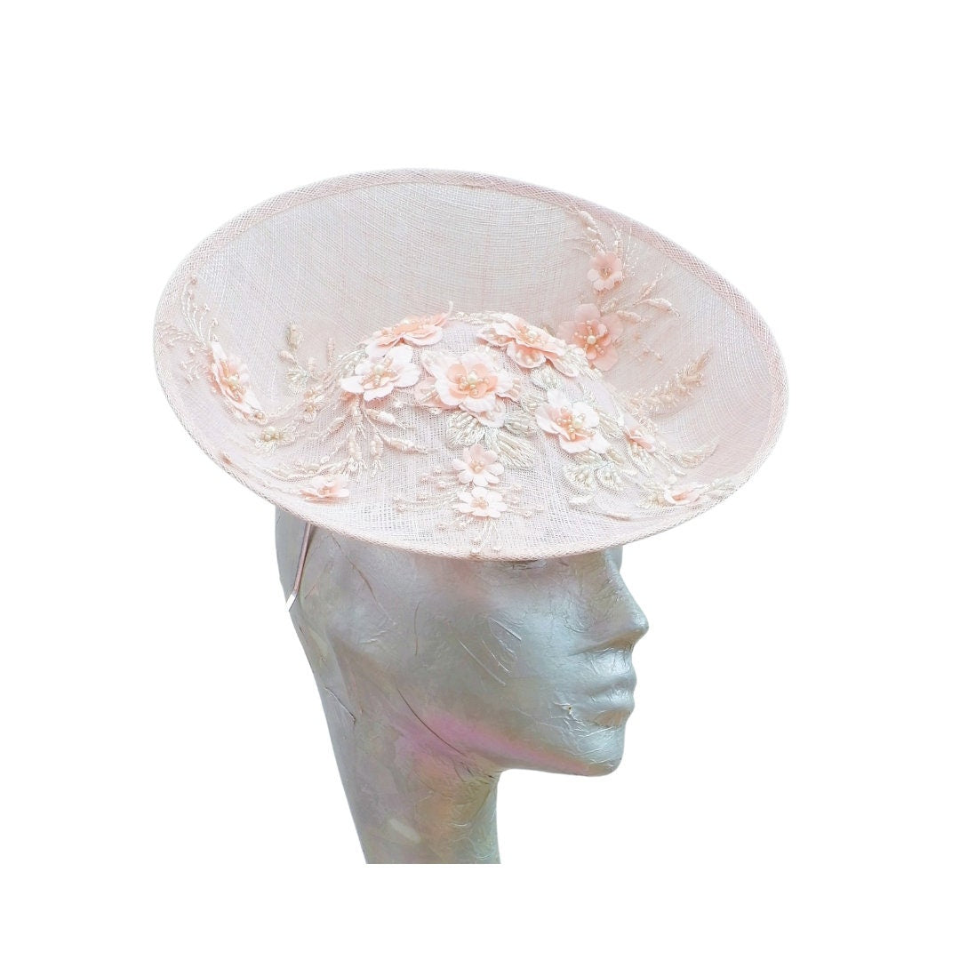 Portifino - Nude front facing fascinator with nude 3D applique trim