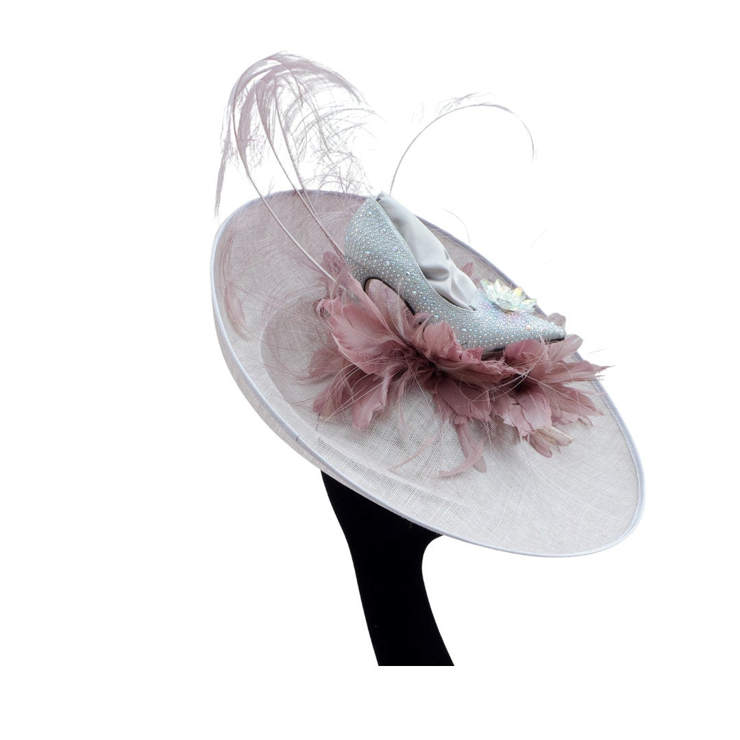 Crystal Shoe Extra large Silver lilac/ grey & Heather feature fascinator