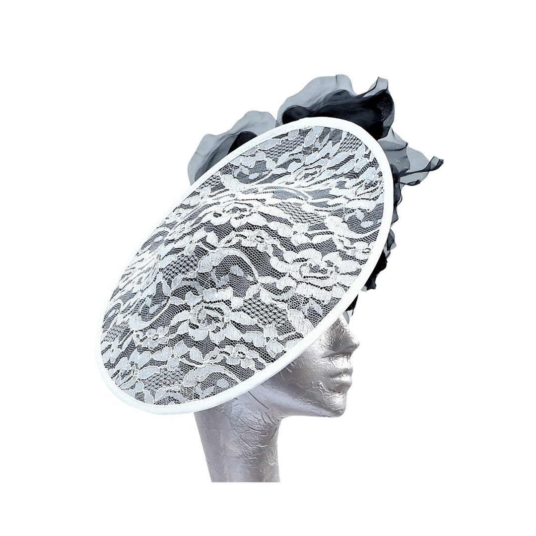 Dixie Black & Off White Sinamay and Lace Saucer feature fascinator