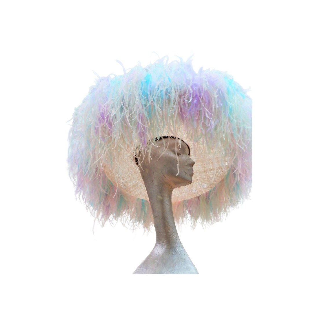 Emma - Extra large Hat Nude & Multi pastel Rainbow feathers