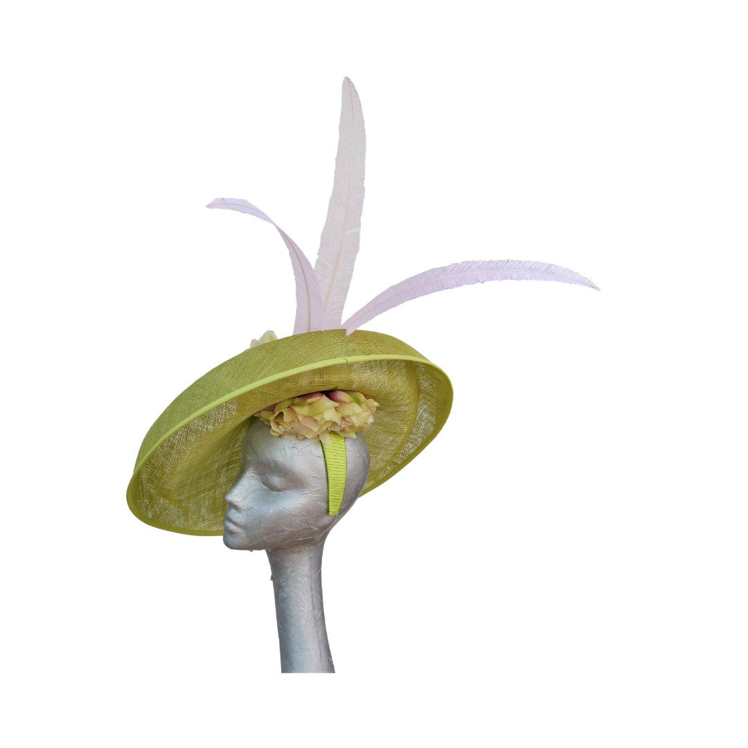 Hetty - Extra large Wasabi Green Hatinator with Pink & Green Hydrangea flowers and Pink Feathers