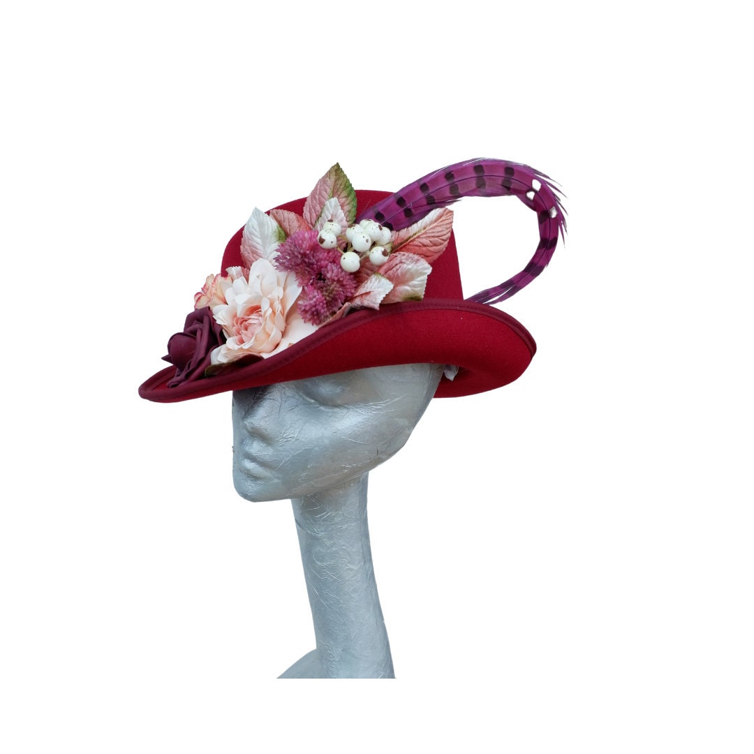 Hallie - WIne & Ivory/ blush slanted soft Top Hat with Floral detail