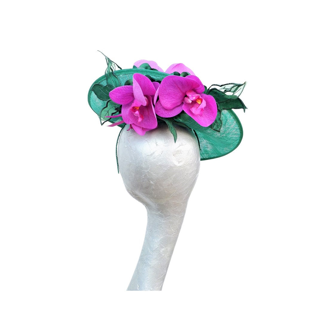 Orkney - Emerald Green Sinamay fascinator with Cerise touch Orchids