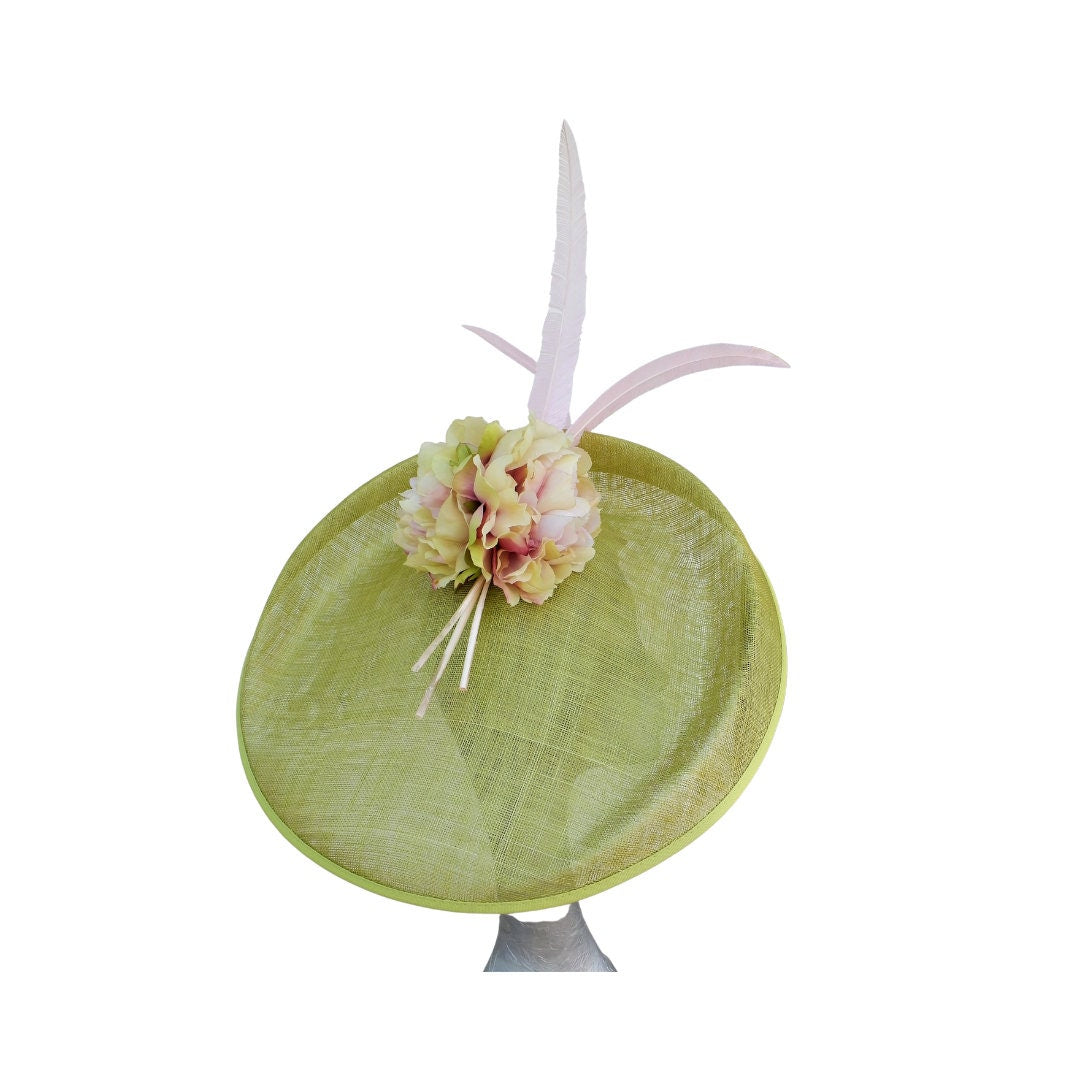 Hetty - Extra large Wasabi Green Hatinator with Pink & Green Hydrangea flowers and Pink Feathers