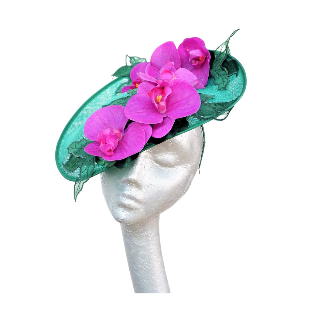 Orkney - Emerald Green Sinamay fascinator with Cerise touch Orchids