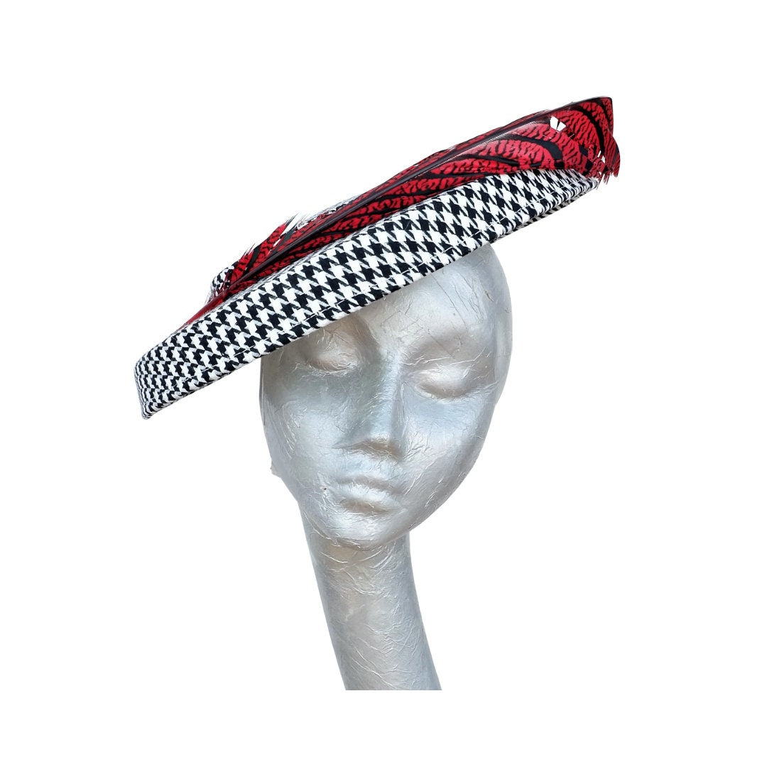 Albie - Hounds tooth Black & White hatinator with Red/Black Lady Amehurst Pheasant feather trim