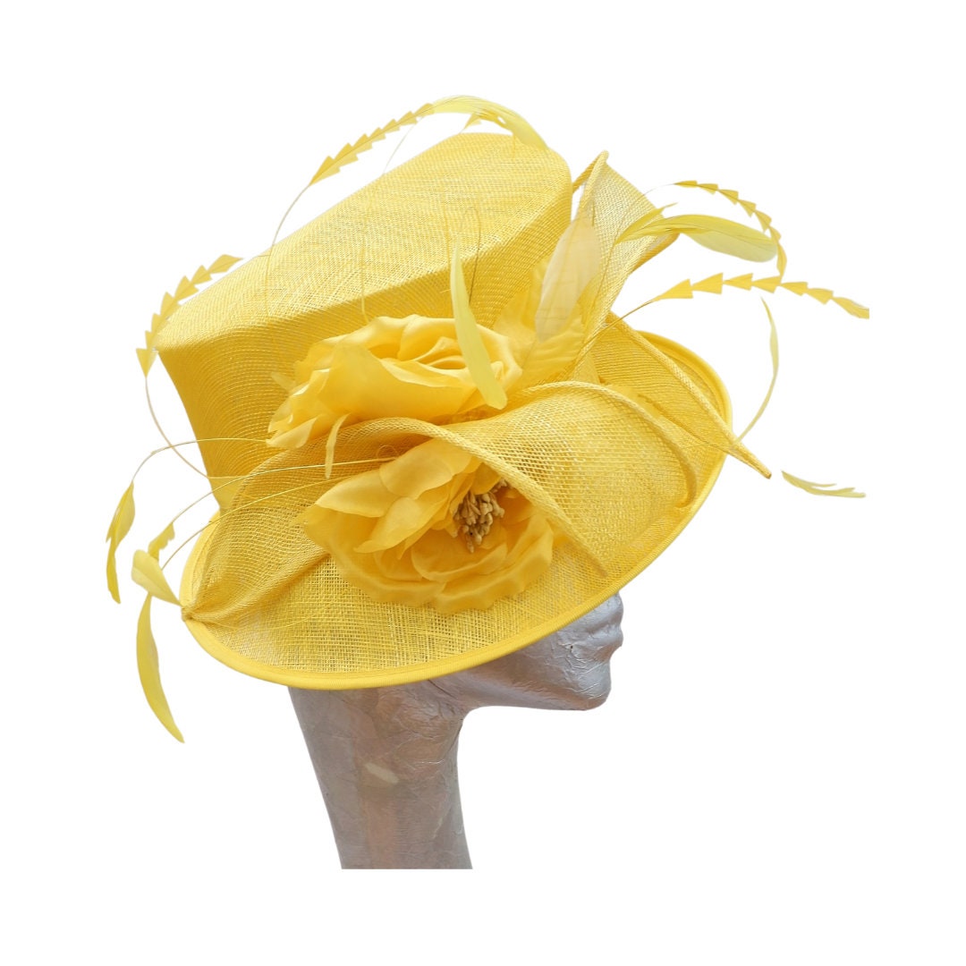 Cirrus - Maize Yellow feature hat with feather & Silk flower detail