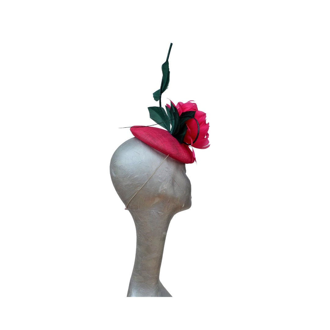 Taino - Fuchsia Button Base with Raspberry feather flower