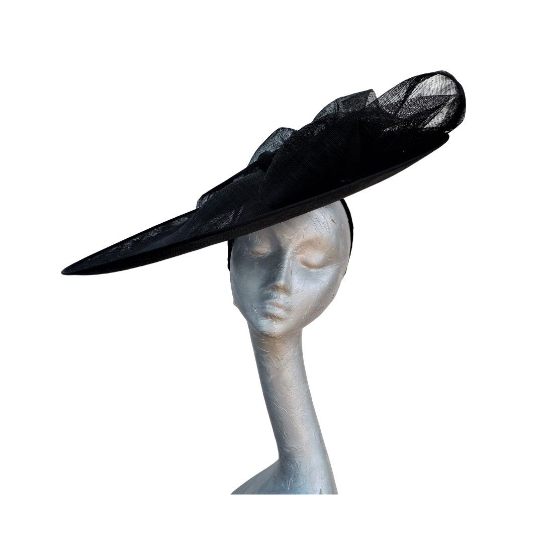 Sazz - Large round Black feature saucer hatinator with Large Black Sinamay bow