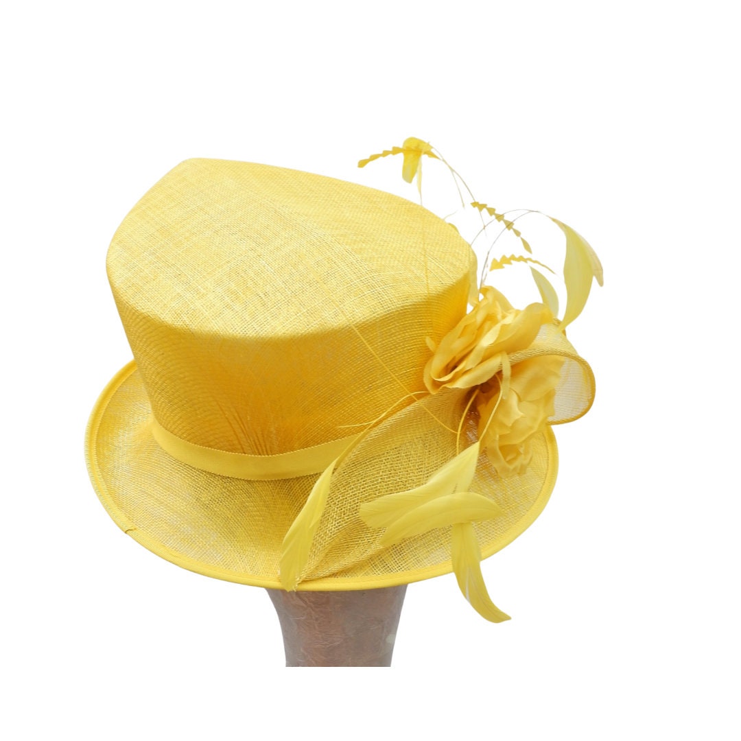 Cirrus - Maize Yellow feature hat with feather & Silk flower detail