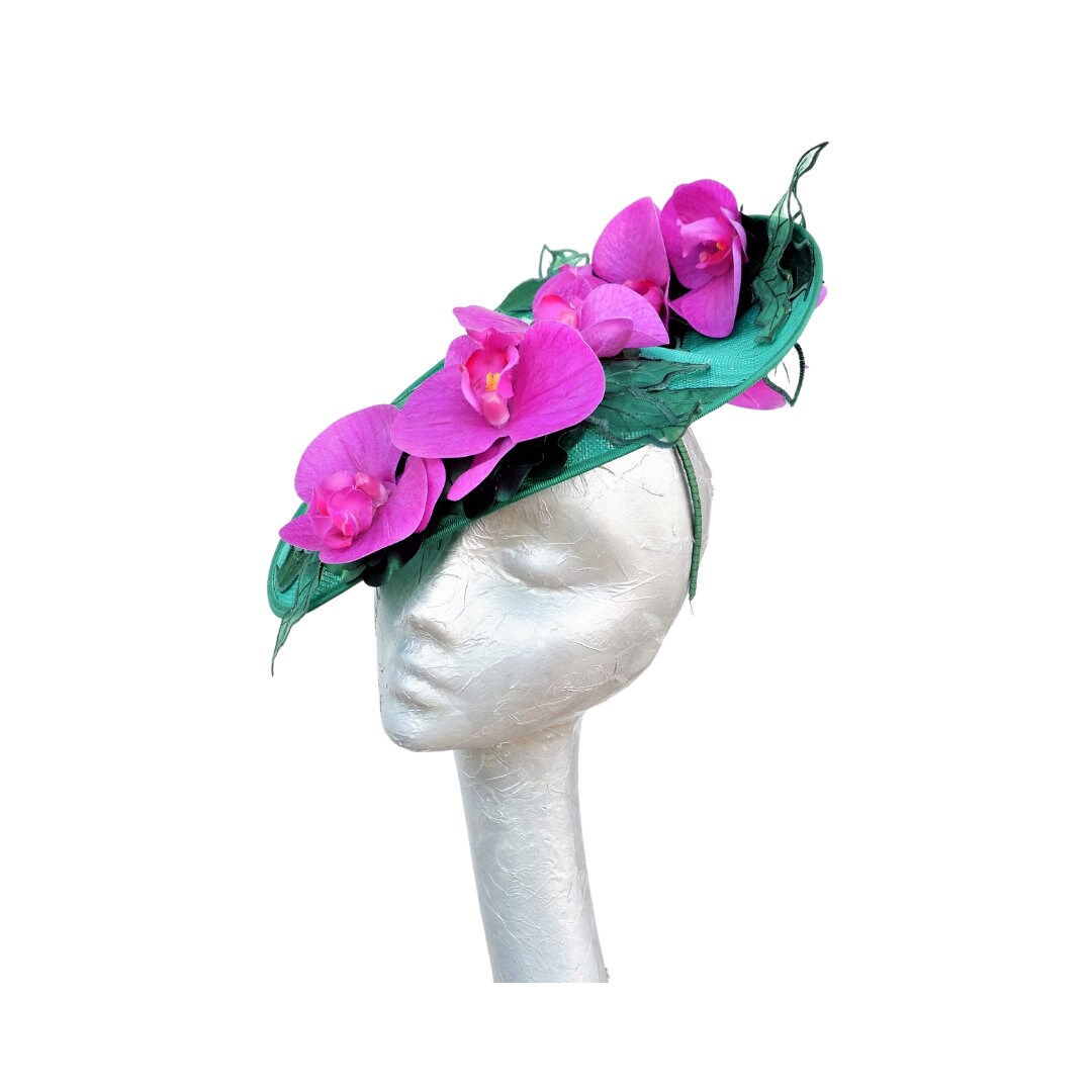 Orkney - Emerald Green Sinamay fascinator with Cerise touch Orchids