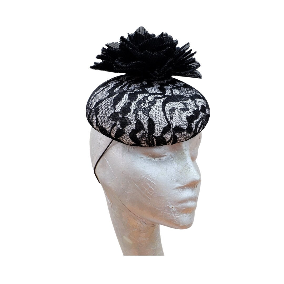 Faith  Black & White Lace Pillbox/Button Fascinator