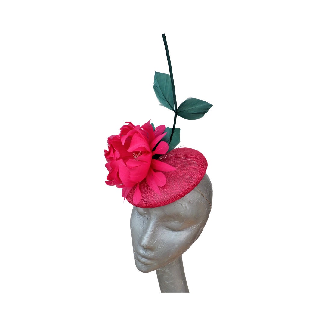 Taino - Fuchsia Button Base with Raspberry feather flower
