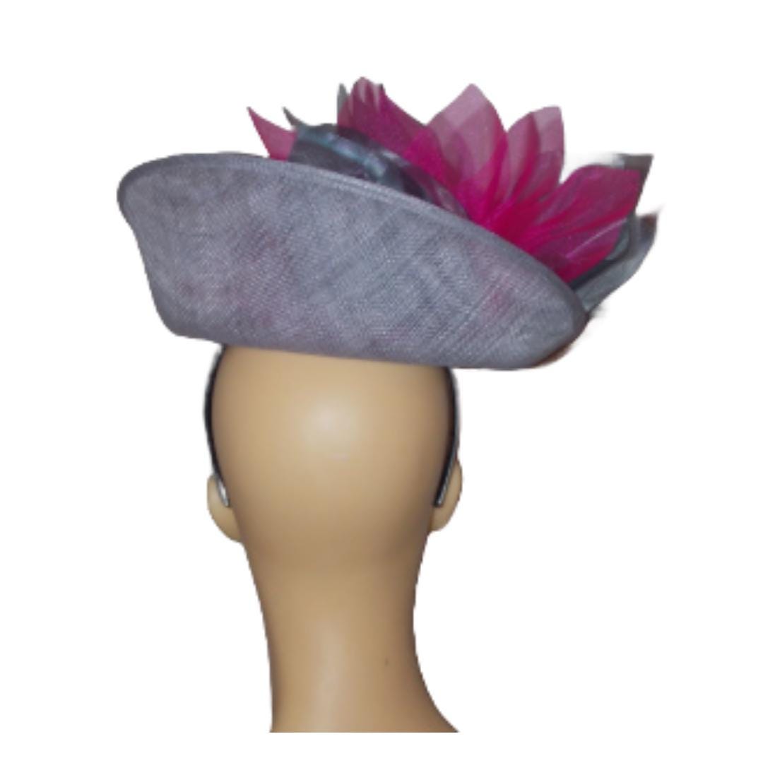 Silver Grey uptured saucer with Cerise & Silver organza flower  by Hats2go