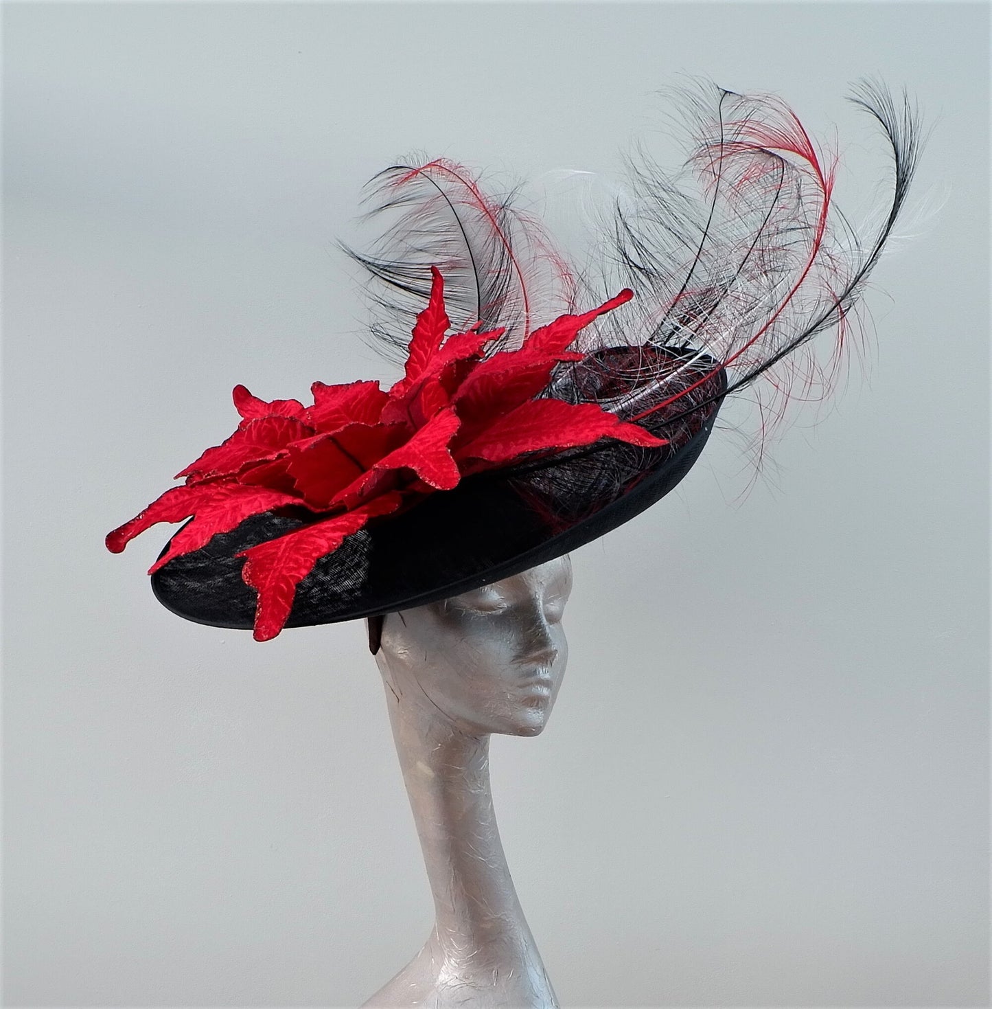 Extra large Black feature fascinator with 57cm Velvet Poinsettia & Ostrich feathers