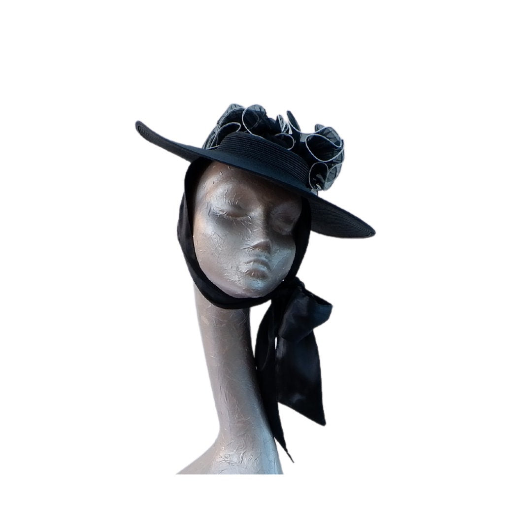 Black & Ivory Polybraid Summer hat with necktie by Hats2go