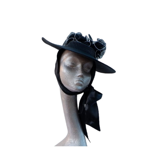 Black & Ivory Polybraid Summer hat with necktie by Hats2go