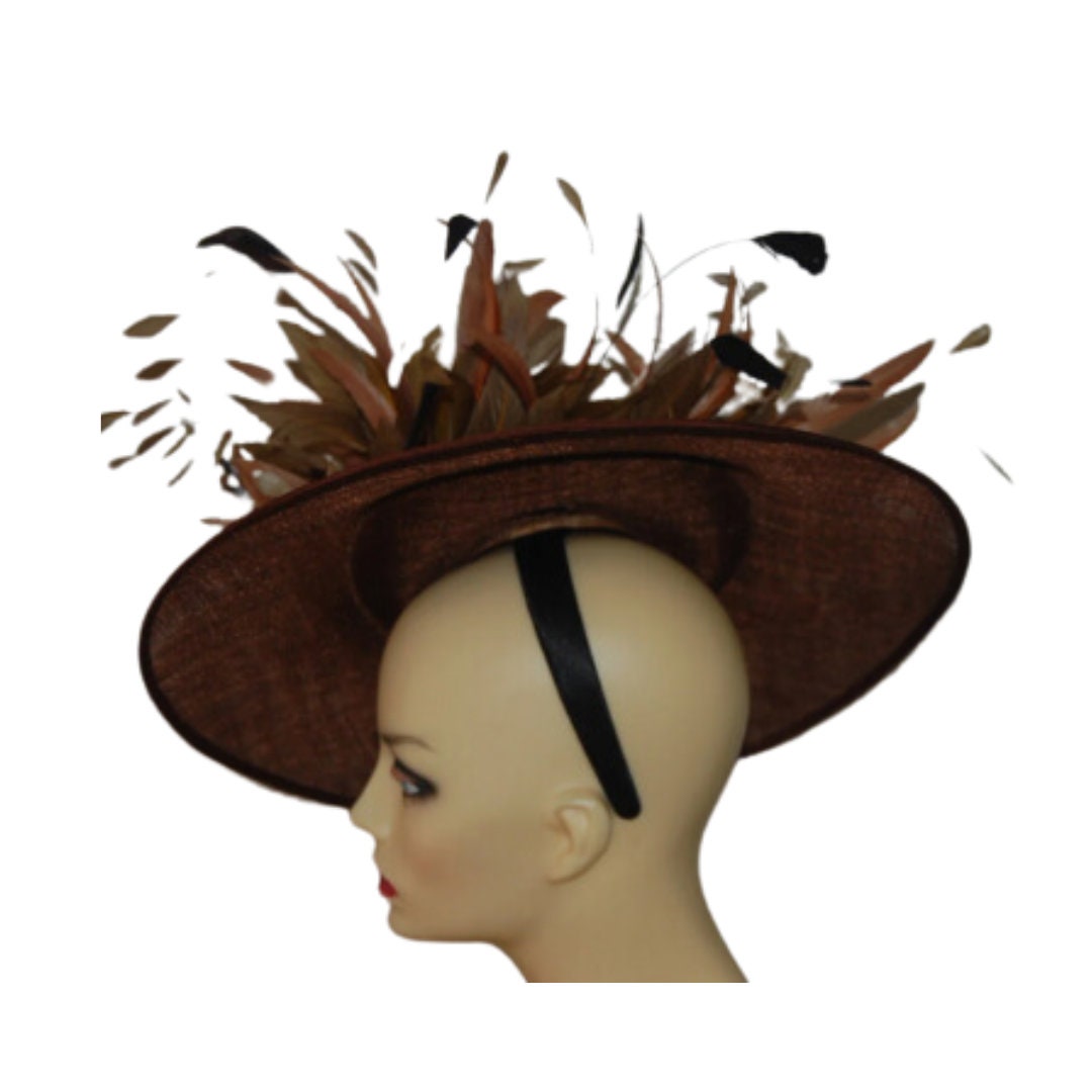 Melanie - Medium Oval Chestnut feature saucer hatinator with feathers & organza flower