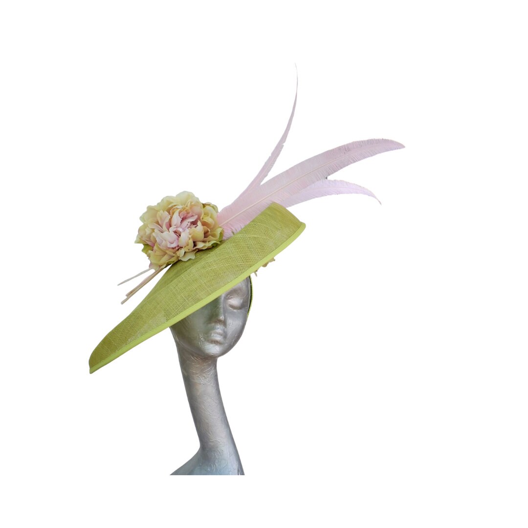 Hetty - Extra large Wasabi Green Hatinator with Pink & Green Hydrangea flowers and Pink Feathers