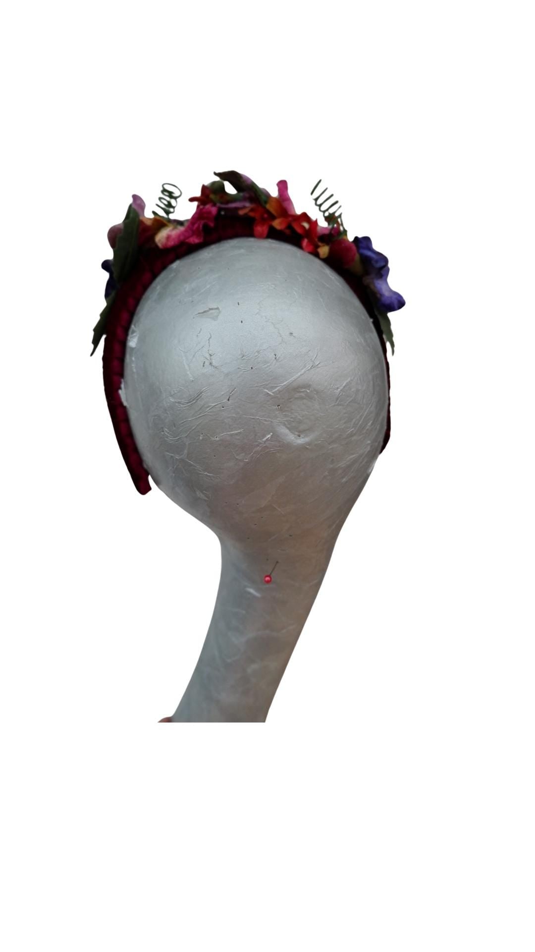 Viola - Claret Velvet Fascinator Headband with Multi Vintage pansies