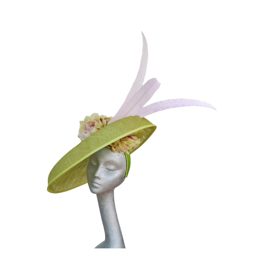 Hetty - Extra large Wasabi Green Hatinator with Pink & Green Hydrangea flowers and Pink Feathers