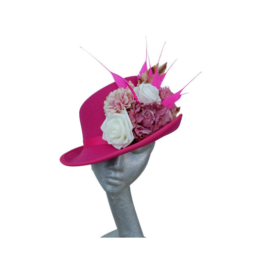 Darcy - Hot pink & Ivory slanted soft Top Hat with Floral detail