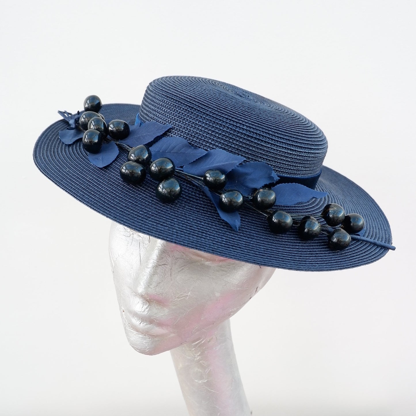 Tate - Navy Blue Polybraid Boater with Vintage 50's trim