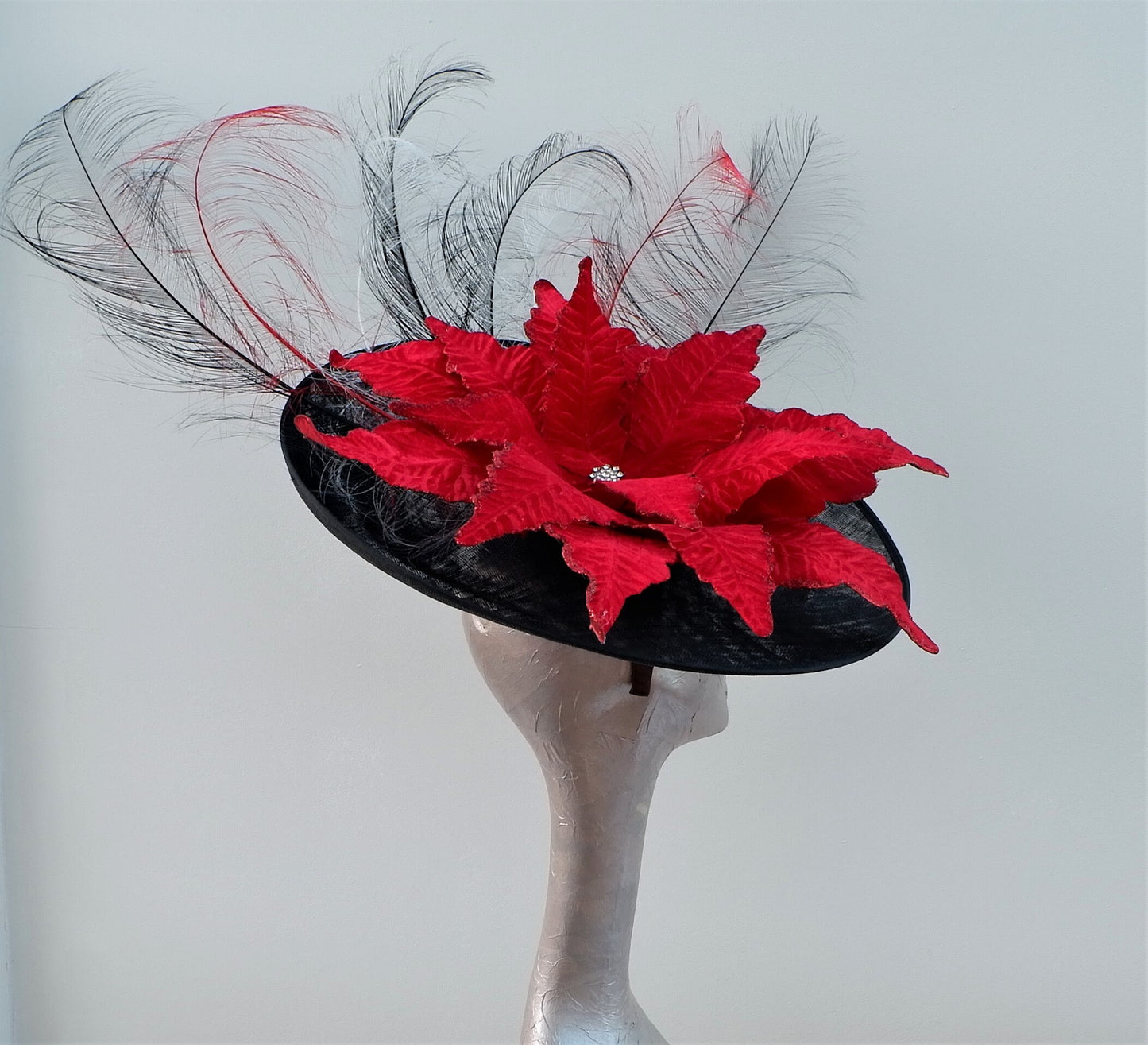 Extra large Black feature fascinator with 57cm Velvet Poinsettia & Ostrich feathers