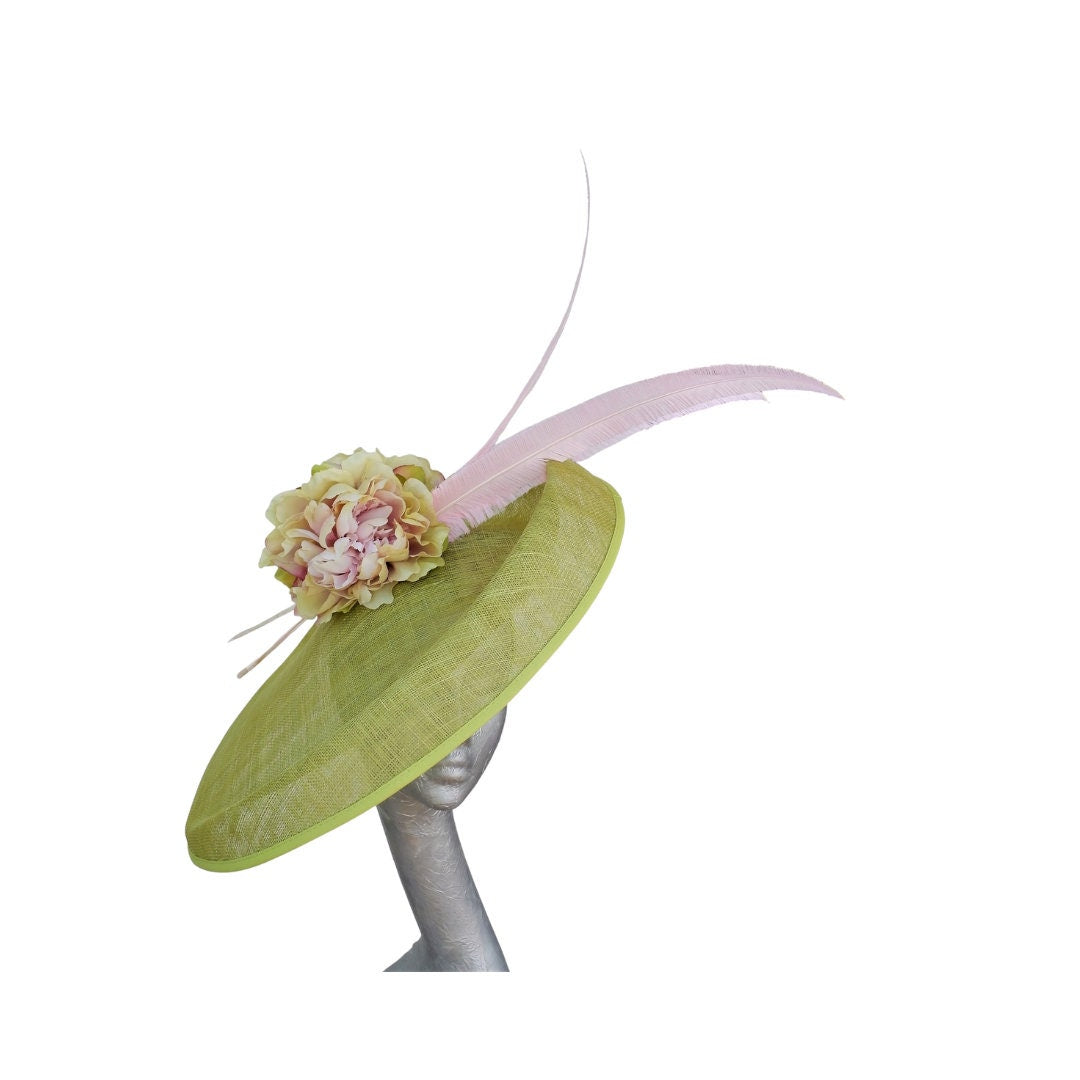 Hetty - Extra large Wasabi Green Hatinator with Pink & Green Hydrangea flowers and Pink Feathers
