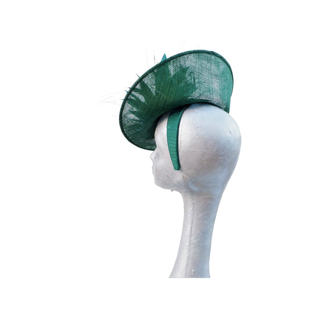 Emerald - Dark Emerald green two tone up turned saucer with matching feather trimming