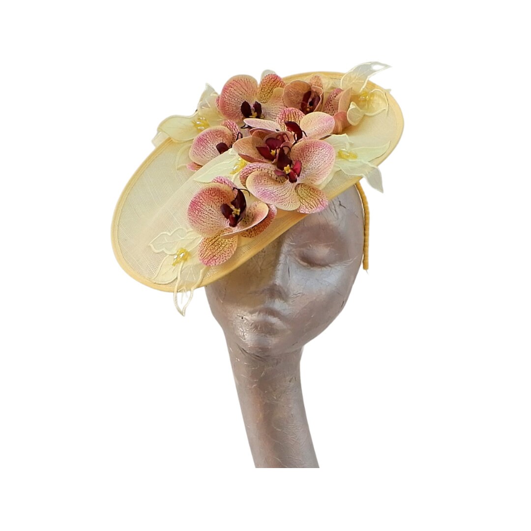 Orkney - Lemon Sinamay fascinator with Lemon & Pink Real touch Orchids